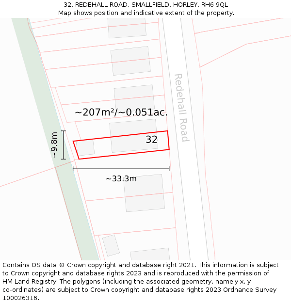 32, REDEHALL ROAD, SMALLFIELD, HORLEY, RH6 9QL: Plot and title map