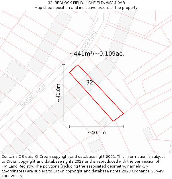 32, REDLOCK FIELD, LICHFIELD, WS14 0AB: Plot and title map