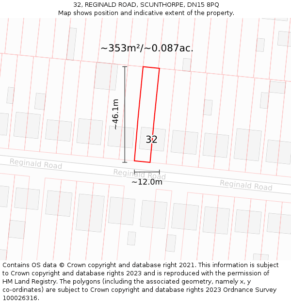 32, REGINALD ROAD, SCUNTHORPE, DN15 8PQ: Plot and title map