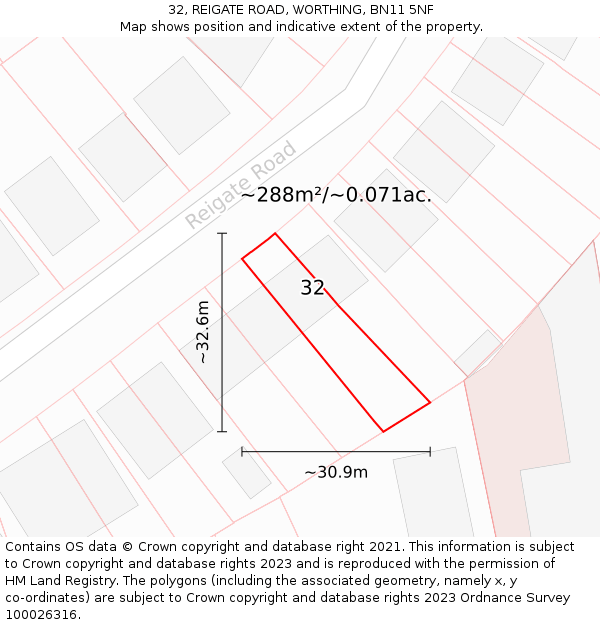 32, REIGATE ROAD, WORTHING, BN11 5NF: Plot and title map
