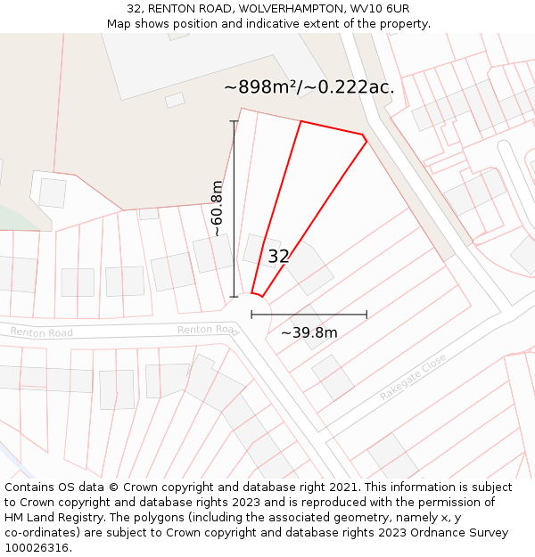 32, RENTON ROAD, WOLVERHAMPTON, WV10 6UR: Plot and title map