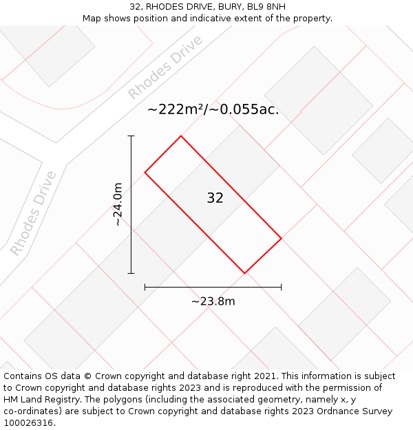 32, RHODES DRIVE, BURY, BL9 8NH: Plot and title map