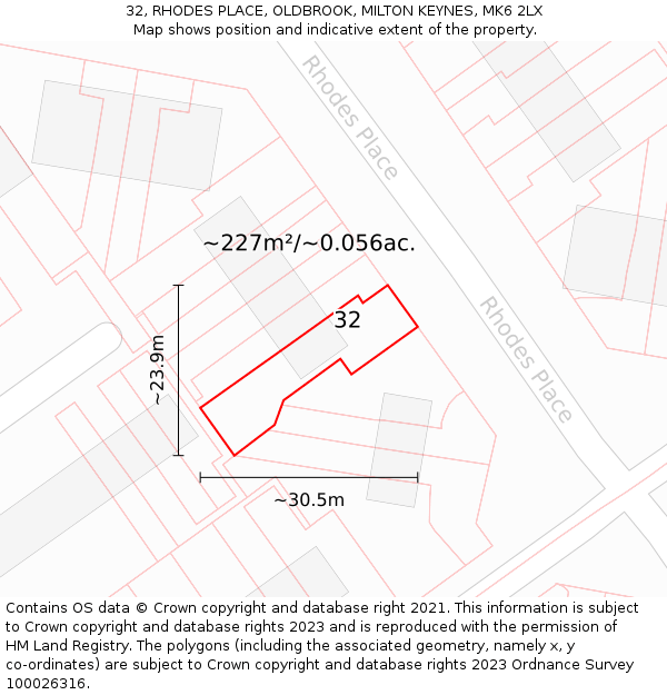 32, RHODES PLACE, OLDBROOK, MILTON KEYNES, MK6 2LX: Plot and title map