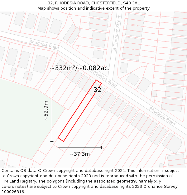 32, RHODESIA ROAD, CHESTERFIELD, S40 3AL: Plot and title map