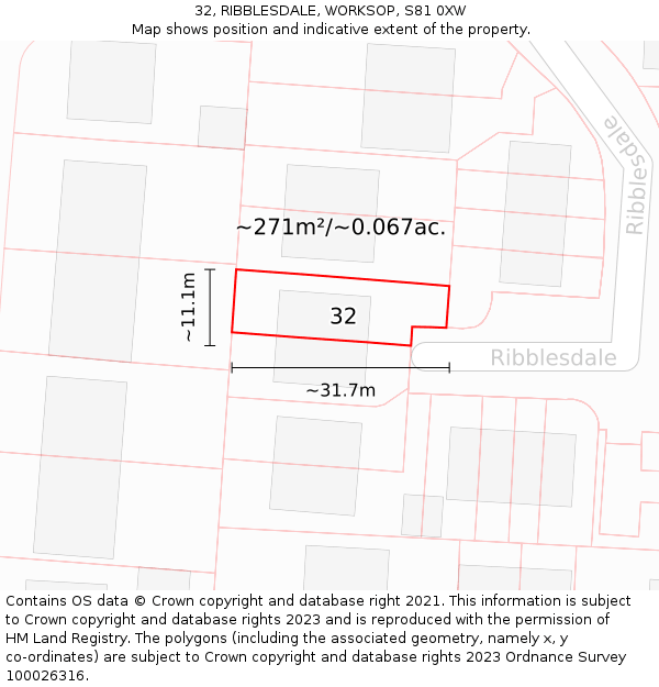 32, RIBBLESDALE, WORKSOP, S81 0XW: Plot and title map