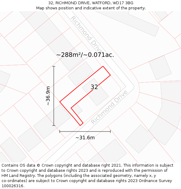 32, RICHMOND DRIVE, WATFORD, WD17 3BG: Plot and title map