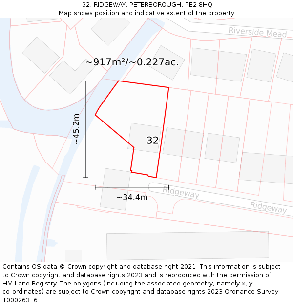 32, RIDGEWAY, PETERBOROUGH, PE2 8HQ: Plot and title map