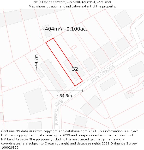32, RILEY CRESCENT, WOLVERHAMPTON, WV3 7DS: Plot and title map