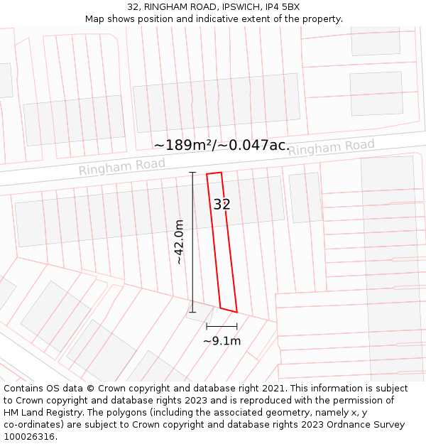 32, RINGHAM ROAD, IPSWICH, IP4 5BX: Plot and title map