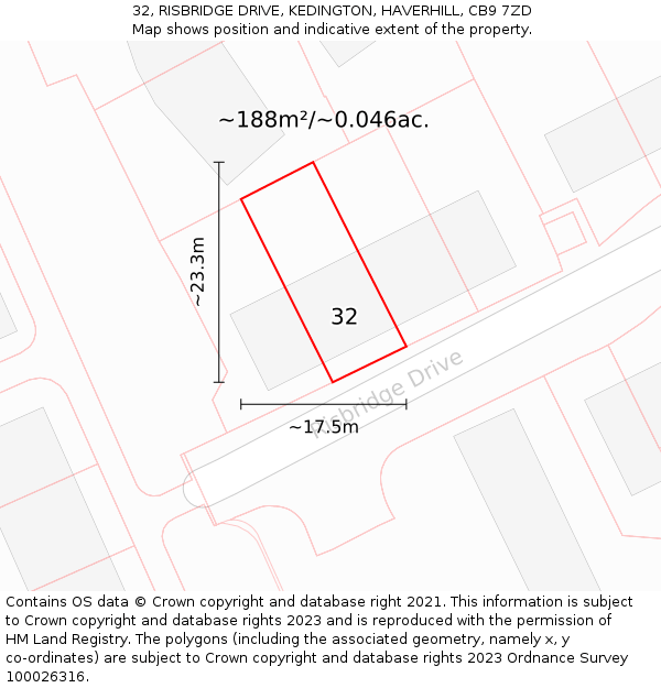 32, RISBRIDGE DRIVE, KEDINGTON, HAVERHILL, CB9 7ZD: Plot and title map