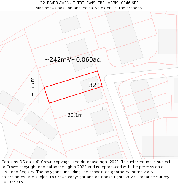 32, RIVER AVENUE, TRELEWIS, TREHARRIS, CF46 6EF: Plot and title map