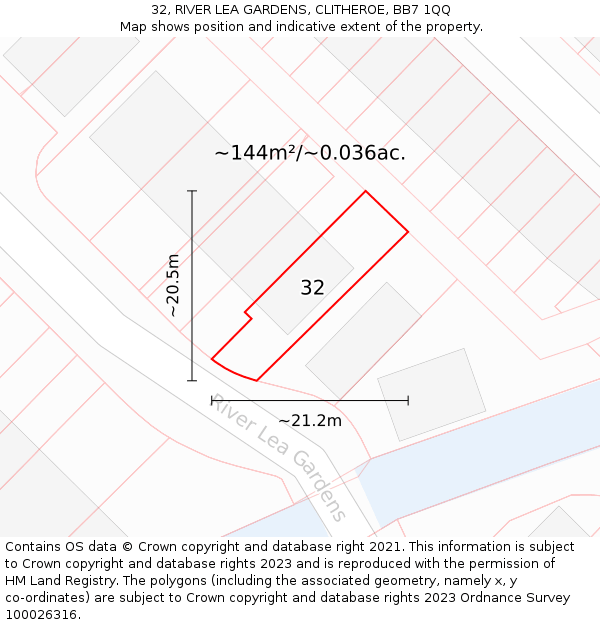 32, RIVER LEA GARDENS, CLITHEROE, BB7 1QQ: Plot and title map