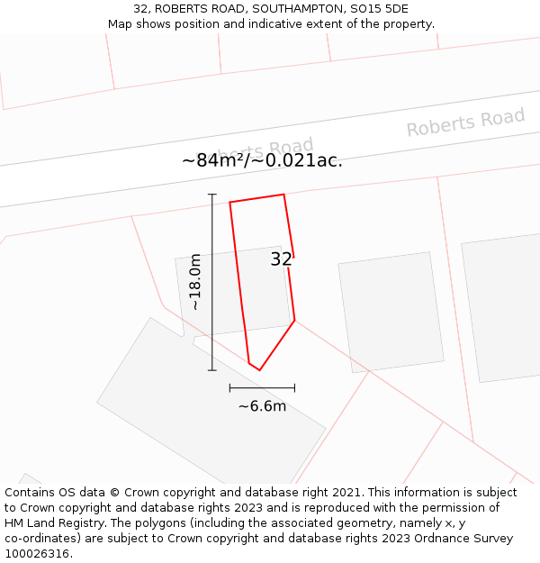 32, ROBERTS ROAD, SOUTHAMPTON, SO15 5DE: Plot and title map