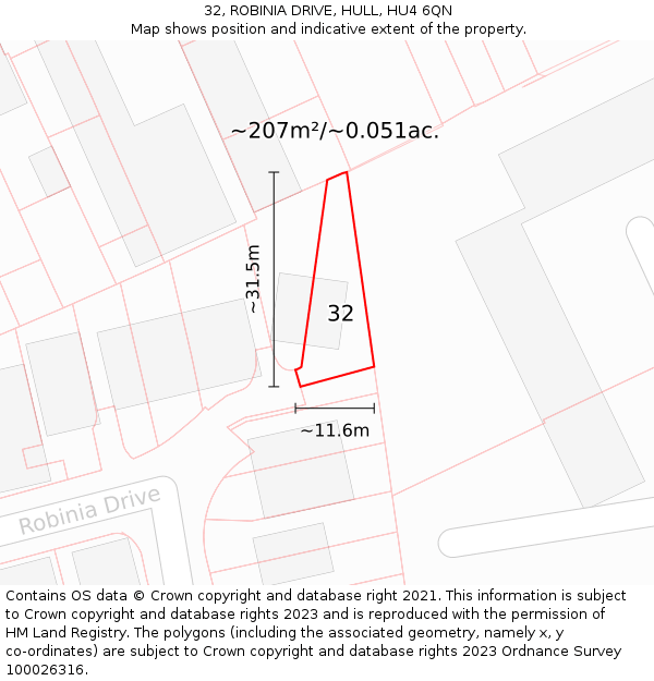 32, ROBINIA DRIVE, HULL, HU4 6QN: Plot and title map