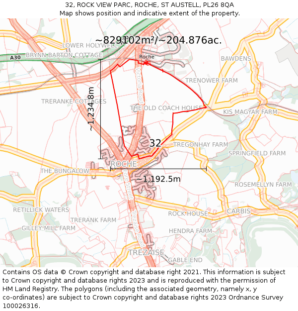 32, ROCK VIEW PARC, ROCHE, ST AUSTELL, PL26 8QA: Plot and title map