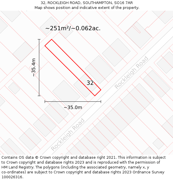 32, ROCKLEIGH ROAD, SOUTHAMPTON, SO16 7AR: Plot and title map