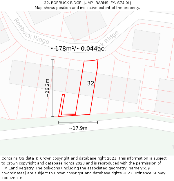 32, ROEBUCK RIDGE, JUMP, BARNSLEY, S74 0LJ: Plot and title map