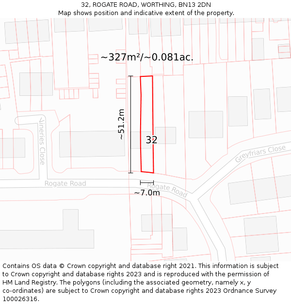 32, ROGATE ROAD, WORTHING, BN13 2DN: Plot and title map