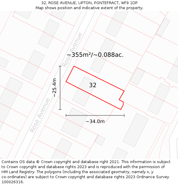 32, ROSE AVENUE, UPTON, PONTEFRACT, WF9 1DP: Plot and title map