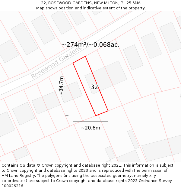 32, ROSEWOOD GARDENS, NEW MILTON, BH25 5NA: Plot and title map