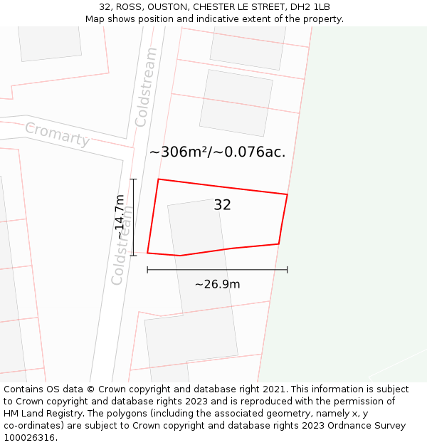 32, ROSS, OUSTON, CHESTER LE STREET, DH2 1LB: Plot and title map