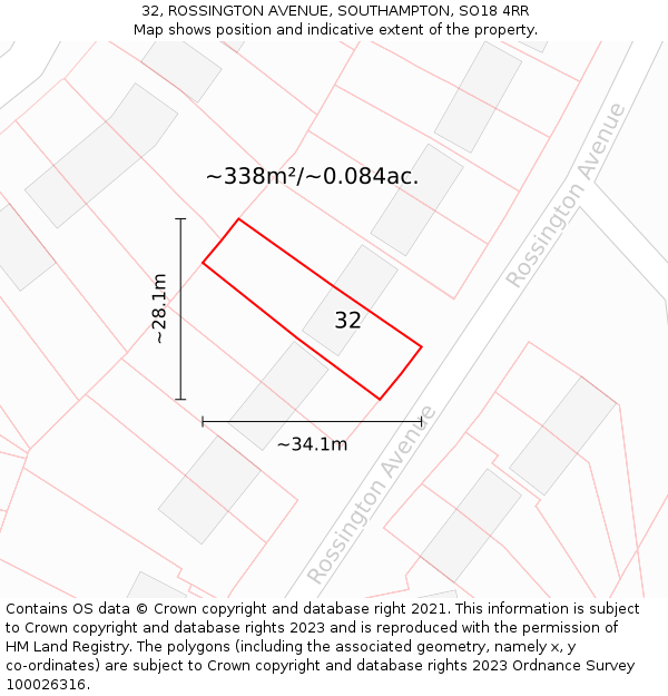 32, ROSSINGTON AVENUE, SOUTHAMPTON, SO18 4RR: Plot and title map