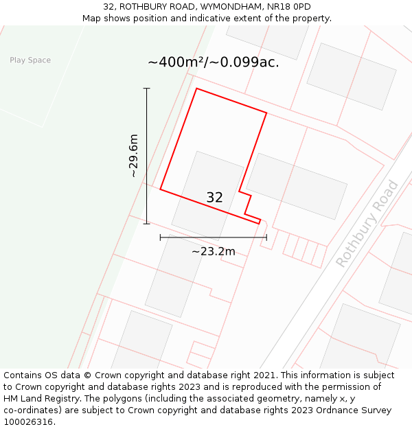 32, ROTHBURY ROAD, WYMONDHAM, NR18 0PD: Plot and title map