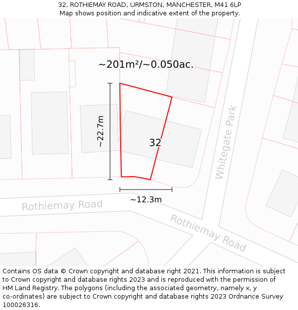 32, ROTHIEMAY ROAD, URMSTON, MANCHESTER, M41 6LP: Plot and title map