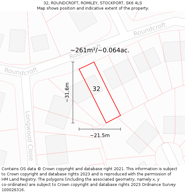 32, ROUNDCROFT, ROMILEY, STOCKPORT, SK6 4LS: Plot and title map