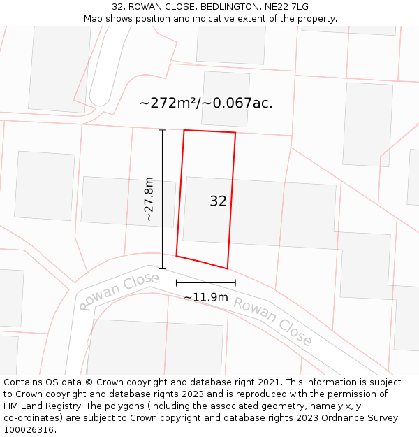 32, ROWAN CLOSE, BEDLINGTON, NE22 7LG: Plot and title map