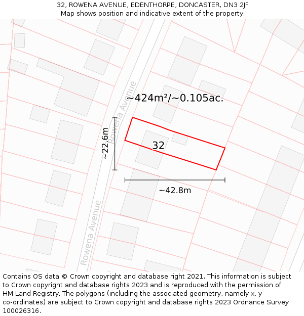 32, ROWENA AVENUE, EDENTHORPE, DONCASTER, DN3 2JF: Plot and title map