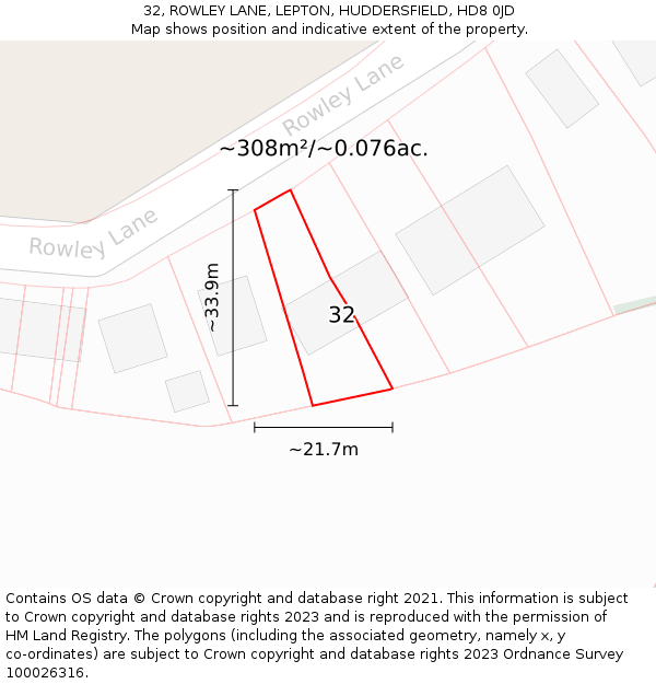 32, ROWLEY LANE, LEPTON, HUDDERSFIELD, HD8 0JD: Plot and title map
