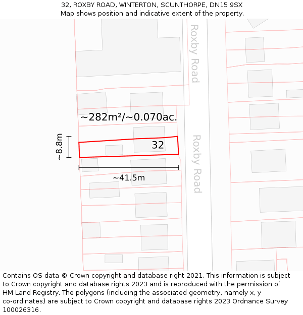 32, ROXBY ROAD, WINTERTON, SCUNTHORPE, DN15 9SX: Plot and title map