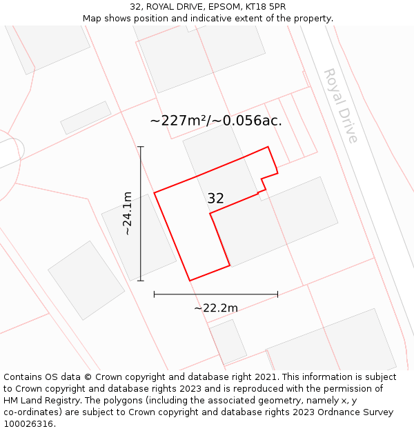 32, ROYAL DRIVE, EPSOM, KT18 5PR: Plot and title map
