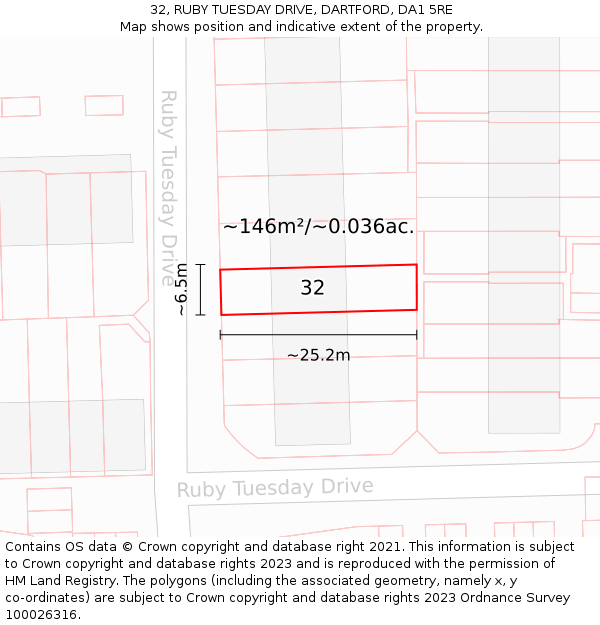 32, RUBY TUESDAY DRIVE, DARTFORD, DA1 5RE: Plot and title map