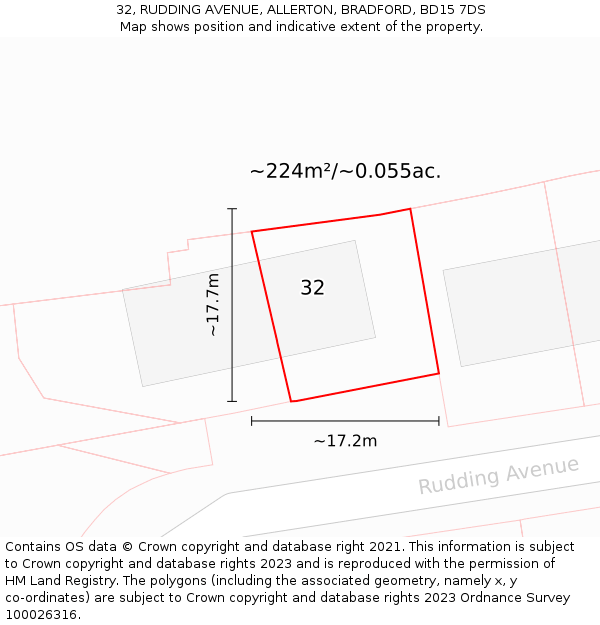 32, RUDDING AVENUE, ALLERTON, BRADFORD, BD15 7DS: Plot and title map
