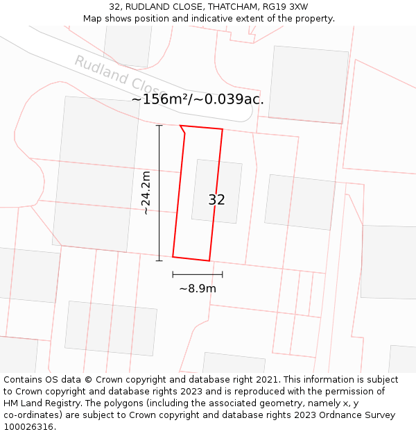 32, RUDLAND CLOSE, THATCHAM, RG19 3XW: Plot and title map