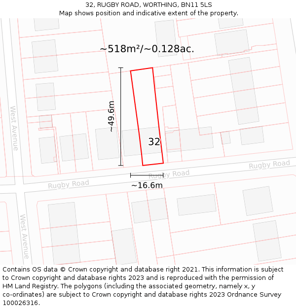 32, RUGBY ROAD, WORTHING, BN11 5LS: Plot and title map