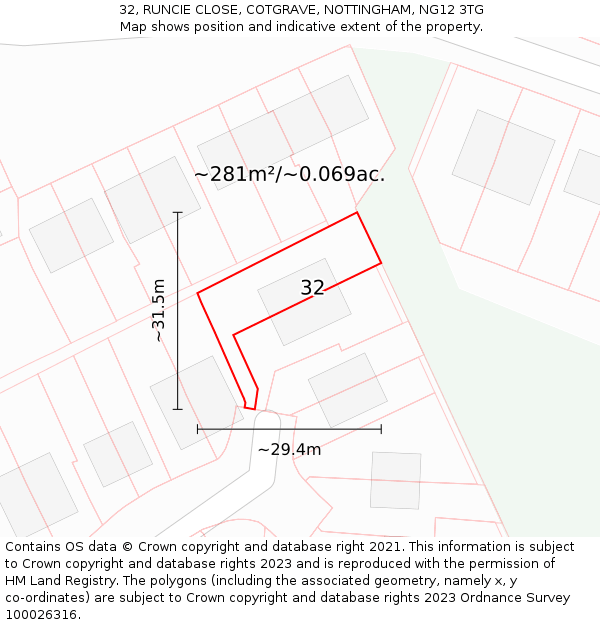 32, RUNCIE CLOSE, COTGRAVE, NOTTINGHAM, NG12 3TG: Plot and title map