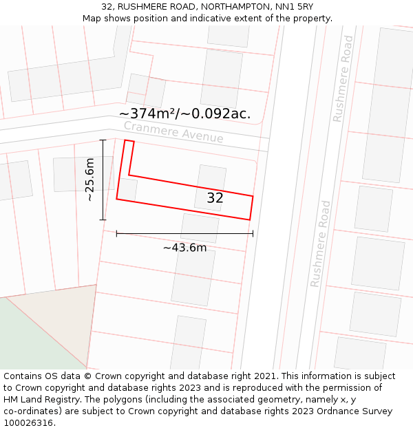 32, RUSHMERE ROAD, NORTHAMPTON, NN1 5RY: Plot and title map