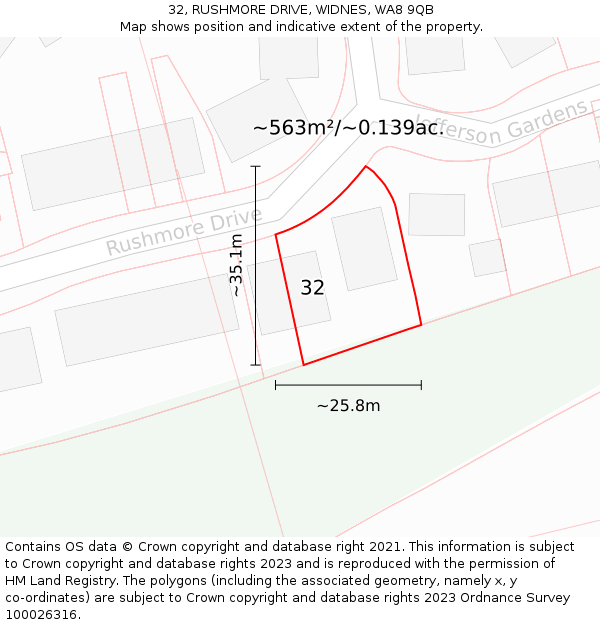 32, RUSHMORE DRIVE, WIDNES, WA8 9QB: Plot and title map