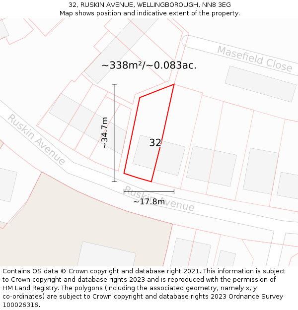 32, RUSKIN AVENUE, WELLINGBOROUGH, NN8 3EG: Plot and title map