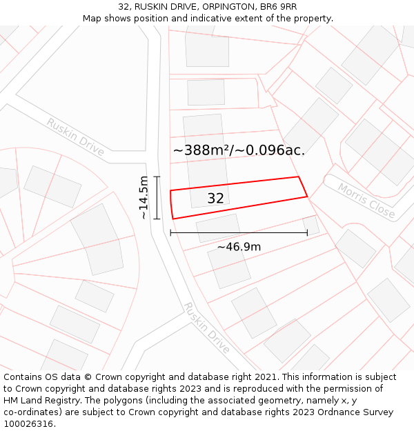 32, RUSKIN DRIVE, ORPINGTON, BR6 9RR: Plot and title map