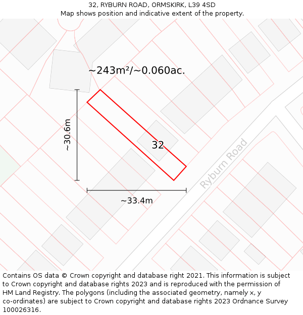 32, RYBURN ROAD, ORMSKIRK, L39 4SD: Plot and title map