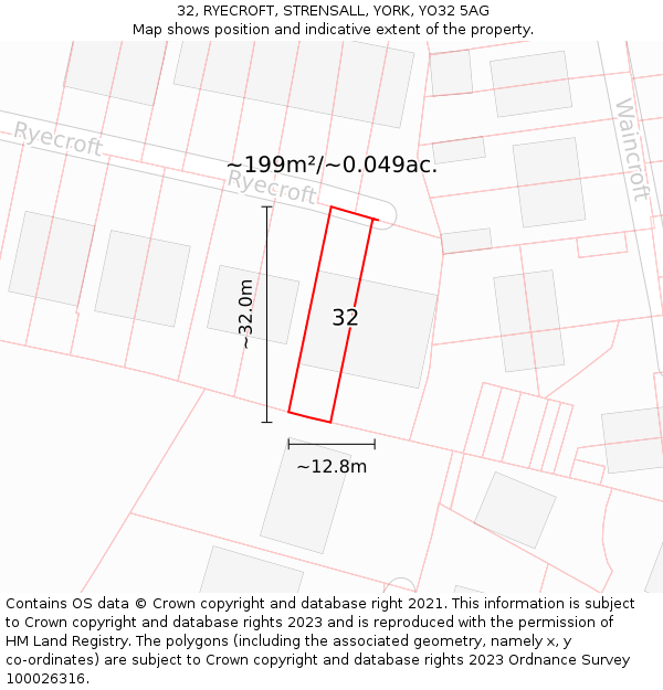32, RYECROFT, STRENSALL, YORK, YO32 5AG: Plot and title map