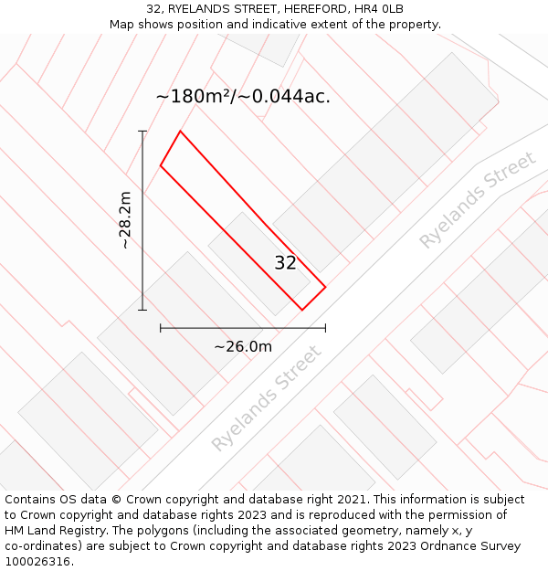 32, RYELANDS STREET, HEREFORD, HR4 0LB: Plot and title map