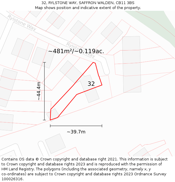 32, RYLSTONE WAY, SAFFRON WALDEN, CB11 3BS: Plot and title map