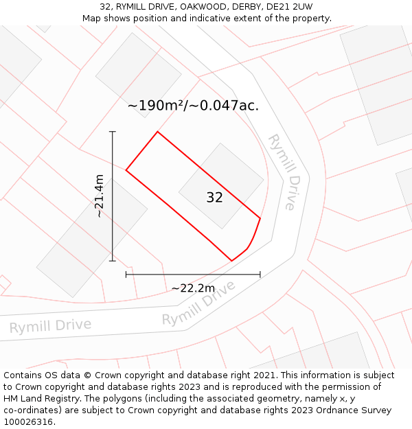 32, RYMILL DRIVE, OAKWOOD, DERBY, DE21 2UW: Plot and title map
