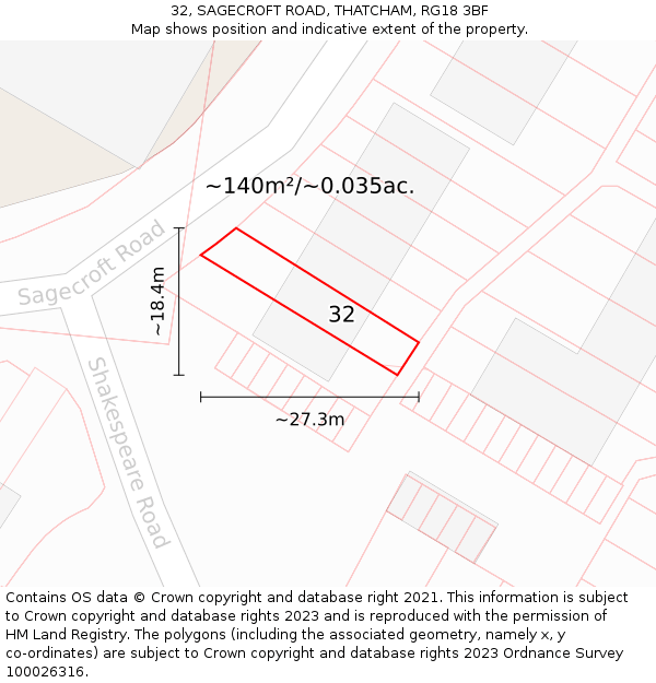 32, SAGECROFT ROAD, THATCHAM, RG18 3BF: Plot and title map