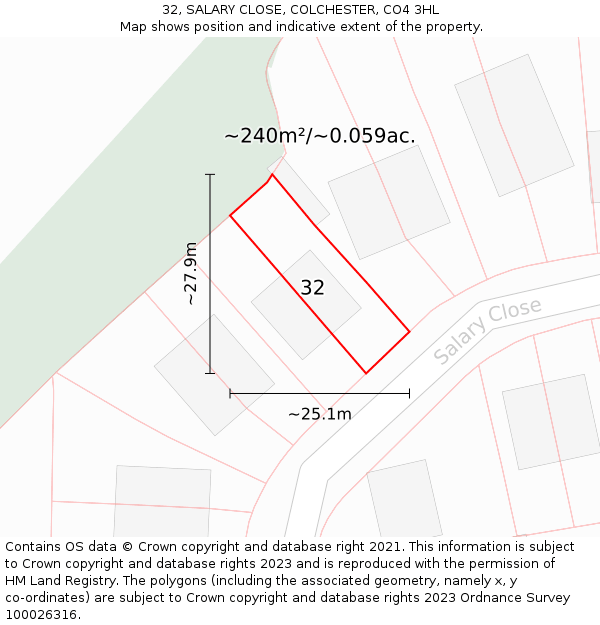 32, SALARY CLOSE, COLCHESTER, CO4 3HL: Plot and title map